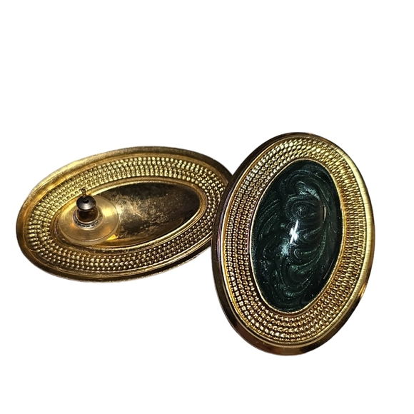 Gold Tone Black Oval Marbled Pierced Earrings Greek Key Design Costume 90s Vtg14 - Picture 2 of 3